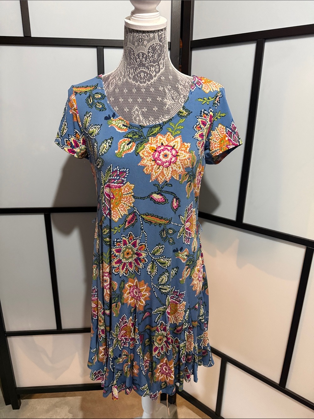 MSK Blue Floral Short-Sleeve Mini Dress with Yellow & Pink and Orange Blooms